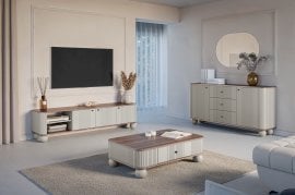 Dnevna soba in spalnica Vesper - kašmir/oreh, na okroglih nogah, zlate ročaji