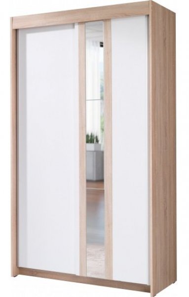 Meble Jurek - Garderobna omara z drsnimi vrati Belt z ogledalom - 120 cm - Hrast sonoma/bela