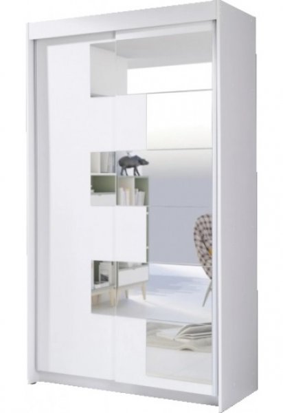 Meble Jurek - Garderobna omara z drsnimi vrati Szach z ogledalom - 120 cm - Bela