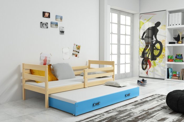BMS Group - Otroška postelja Eryk z dodatnim ležiščem - 90x200 cm - bor/modra