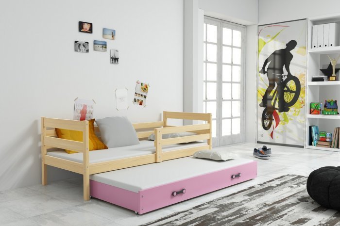 BMS Group - Otroška postelja Eryk z dodatnim ležiščem - 90x200 cm - bor/roza