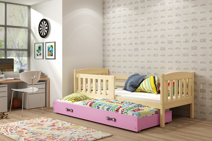BMS Group - Otroška postelja Kubus z dodatnim ležiščem - 90x200 cm - bor/roza