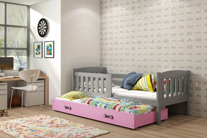 BMS Group - Otroška postelja Kubus z dodatnim ležiščem - 80x190 cm - grafit/roza
